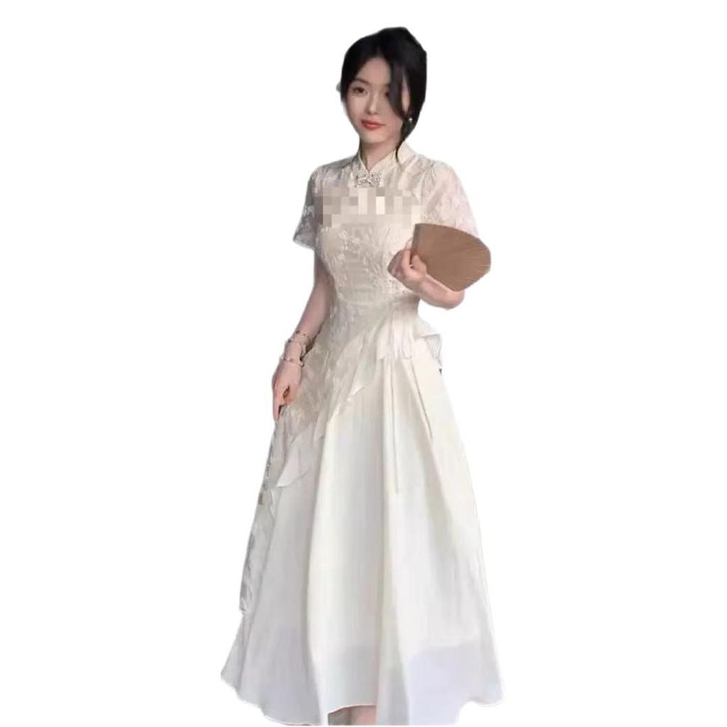 Elegant Summer Qipao with Irregular Ruffle - Sweet, Slimming, Long Dress