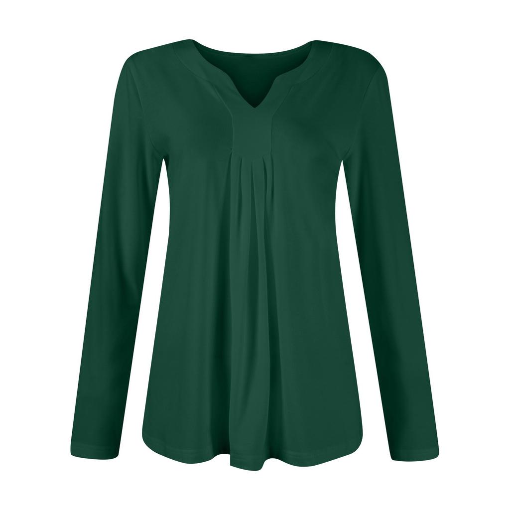 Women's Fashion Casual Long Sleeve Shirt Color V Neck Up Tops