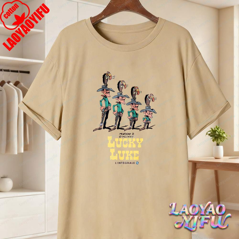 Lucky Luke Vollbesetzung Druck Lässige Oberteile Verspieltes West-Cartoon Baumwoll-T-Shirt Lustiges Vintage Klassisches Anime-Shirt Trend Unisex Kleidung