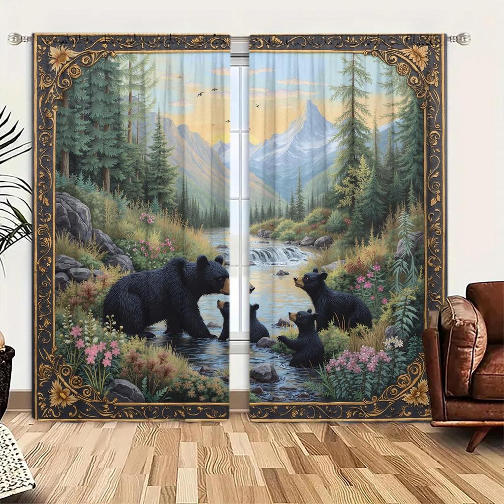 2pcs Forest Brown Bear Family Decoration Printed Curtains   Suitable for Decorating Various Rooms