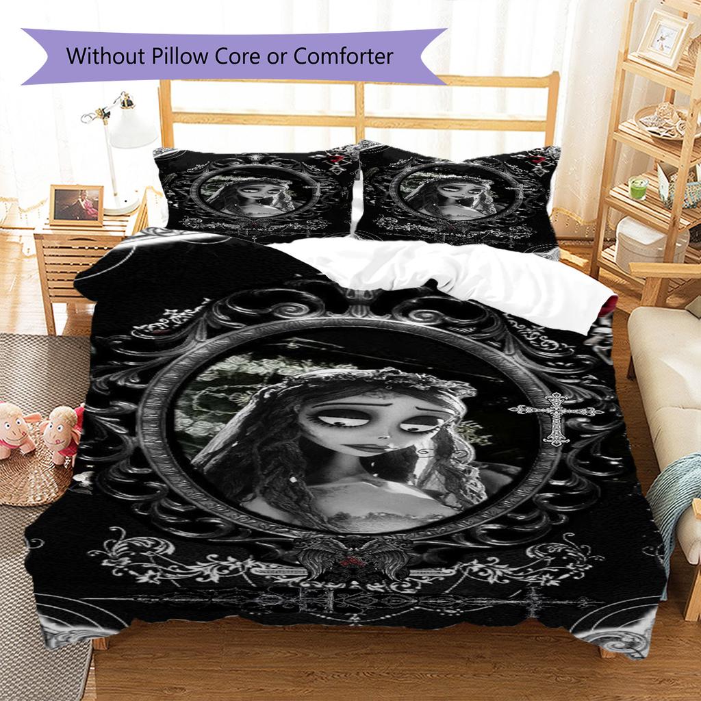 Corpse Bride Pattern Bedding Set Quilt Cover Pillowcase Home Decor Gift (1 * Duvet Cover + 2 * Pillowcase, Without Core)
