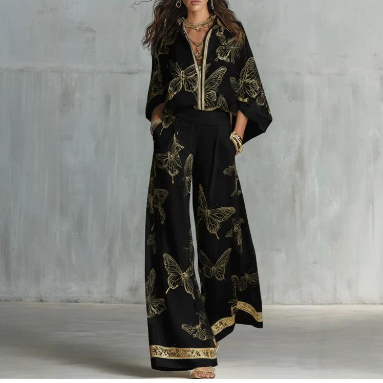 Nuovo completo due pezzi moda e casual con stampa di farfalle europee e americane, camicia larga con cerniera, pantaloni a gamba larga