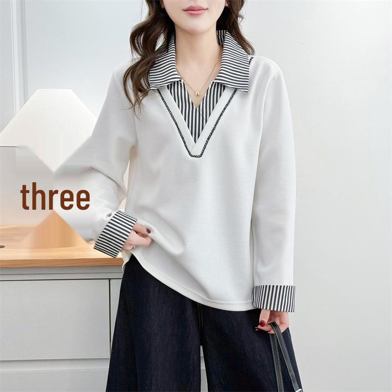 Spring Festival 2026: Plus Size Polo-Collar Long Sleeve Sweatshirt (2 Pieces) with Striped Collar Patchwork 8659