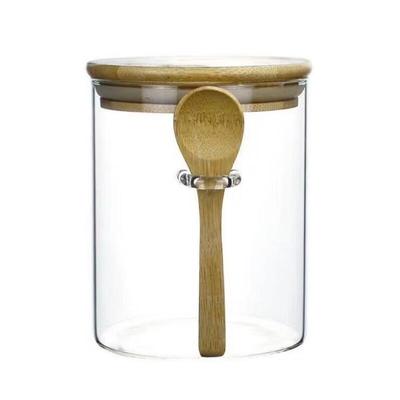 Klarer Borosilikatglas-Vorratsbehälter mit Bambusdeckel und Löffel, 2er-Pack