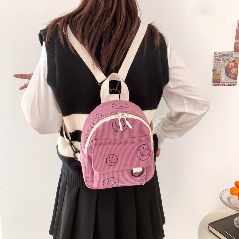 Smiley Face Cotton Backpack for Women, Soft Wavy Quilted Shoulder Bag with Handle, Street Style Casual Daypack