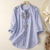 Camicia da Donna Estiva Vintage Larga Ricamata Floreale con Collo Rialzato Manica a Cinque Quarti