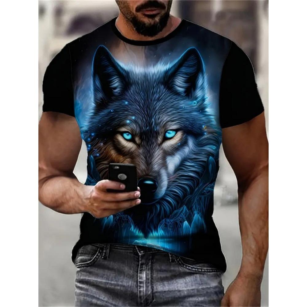 Fashionable Summer Men's Domineering Wolf Print Pattern Breathable Round Neck T-shirt Outdoor High Street Casual Top