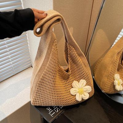Floral Crochet Shoulder Bag Bohemian Knitted Hollow Out Tote Crochet Underarm Bag for Women Summer Beach