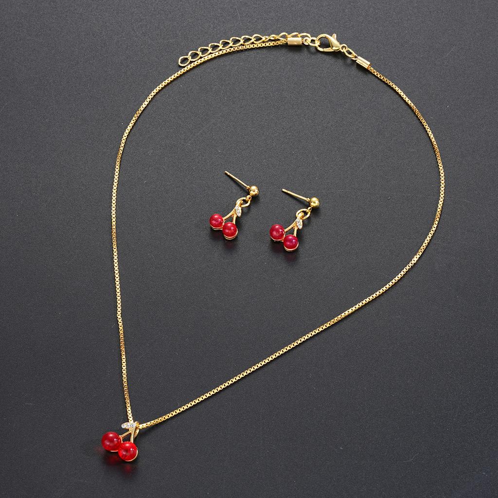 3-delt smykkesett med søt atmosfære Damer Røde kirsebær øredobber halskjede sett Kobberbelagt jernkjede Høytidsfest