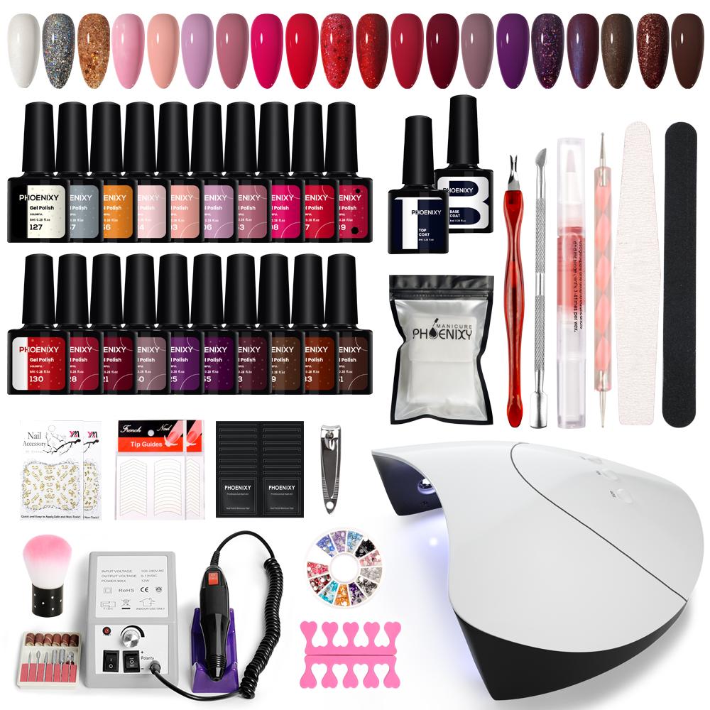 

Набор гелей для ногтей PHOENIXY, 20 лаков для ногтей, 3 фрезы для УФ-геля, лампа для наращивания ногтей, 36 Вт, набор гель-лаков и аксессуаров SET 02