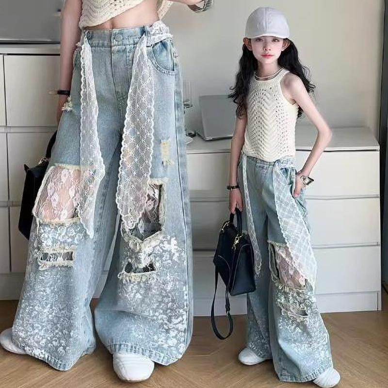 

Детская уличная одежда Y2k Джинсы для девочки Кружевная кулиска Джинсовые брюки Детская мода Хип-хоп Рваные джинсы Брюки Дыры 150cm синий