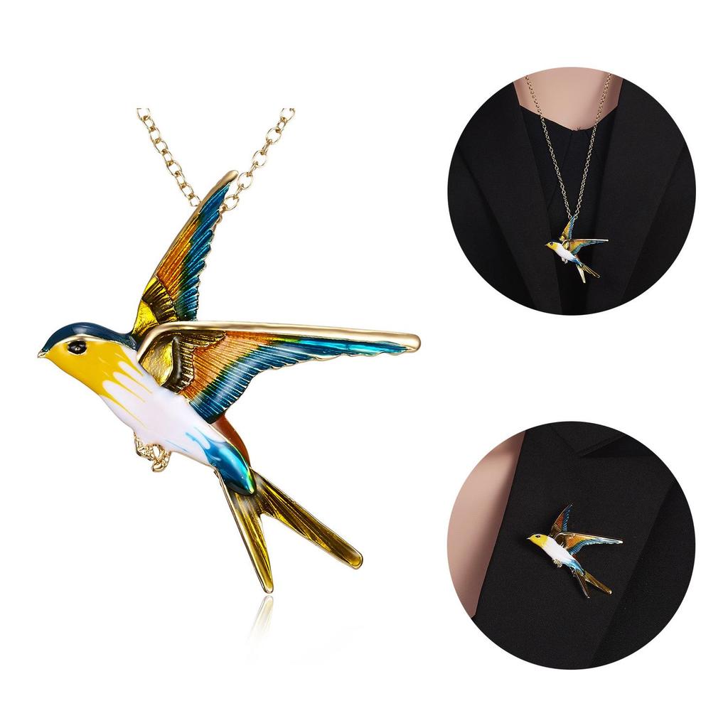 Tri-Color Swallow Oil Painting Brooch Necklace - Versatile Bird Jewelry for Women