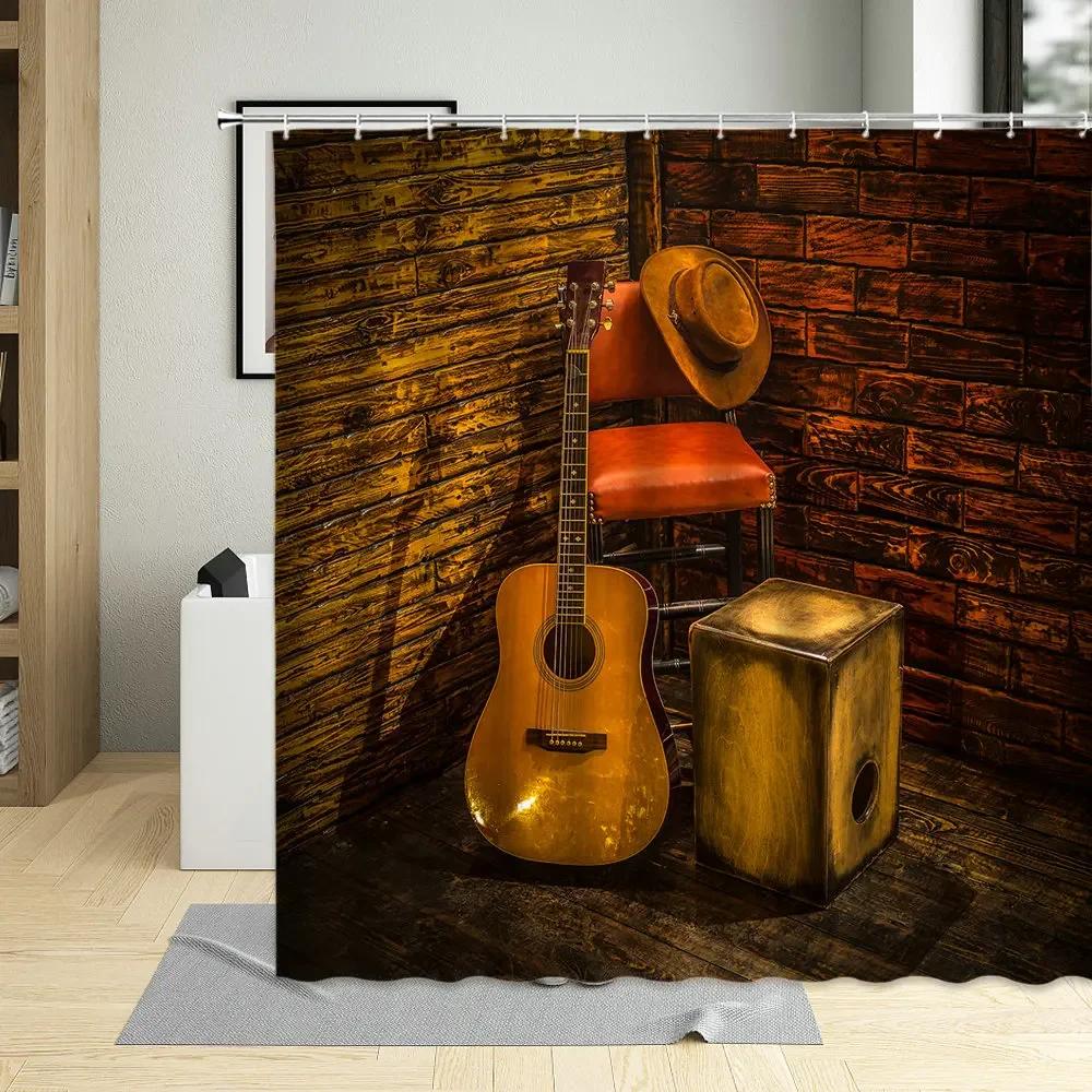 

Western Decor Shower Curtain American Country Music Guitar Cowboy Boots Usa Folk Culture Pattern Waterproof Fabric Curtains W60H190(CM)-1 Pcs