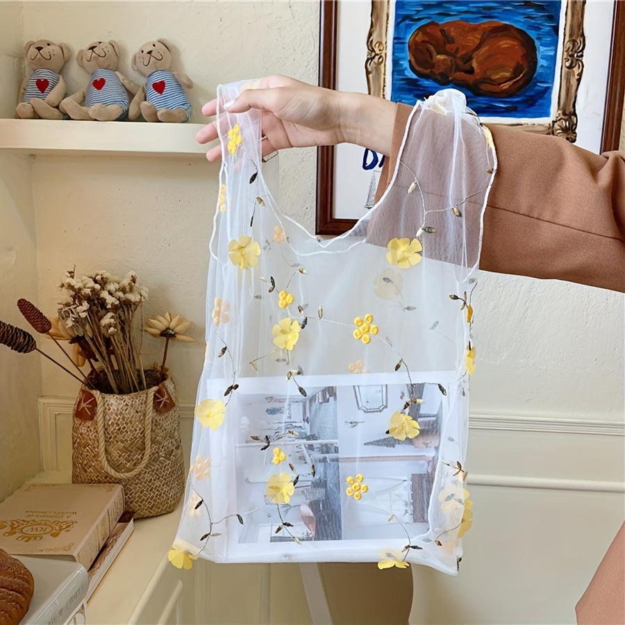 Transparent Mesh Handbag with 3D Embroidered Flowers - Open Top Beach Tote Durable Oil-Edged Seams for Casual Outings Beach Trips жёлтый 980₽