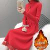 Women's Plus Velvet Thick Mid-Length Knit Sweater Dress - Loose Fit with Lace and Half-High Collar for Autumn and Winter
