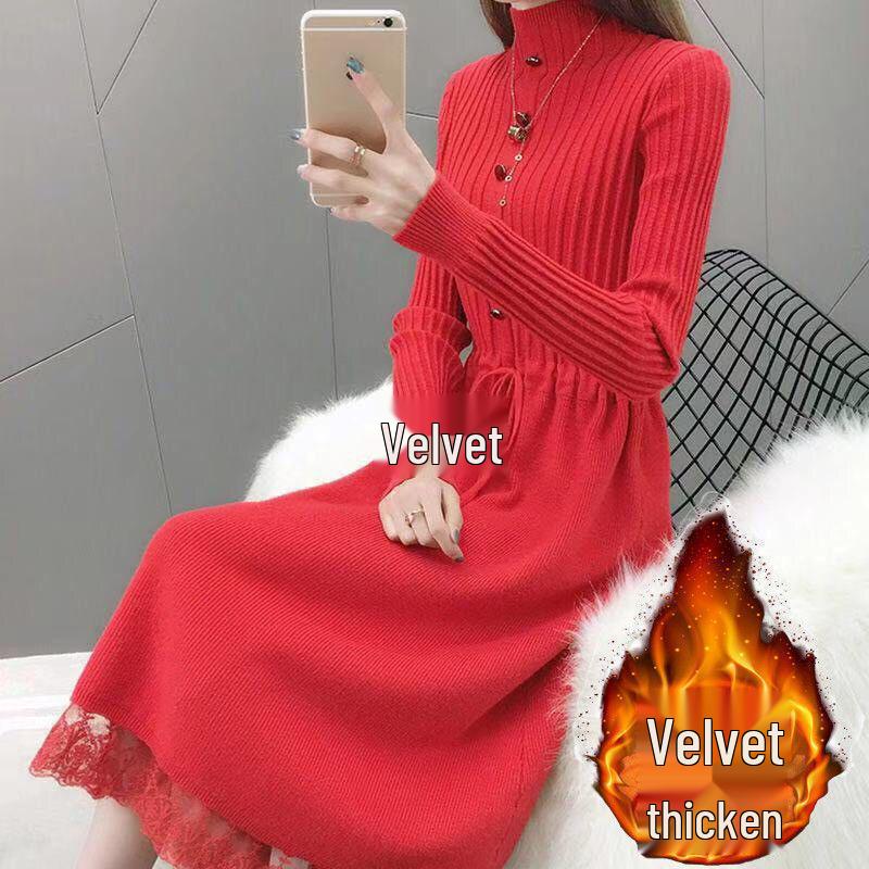 Women's Plus Velvet Thick Mid-Length Knit Sweater Dress - Loose Fit with Lace and Half-High Collar for Autumn and Winter