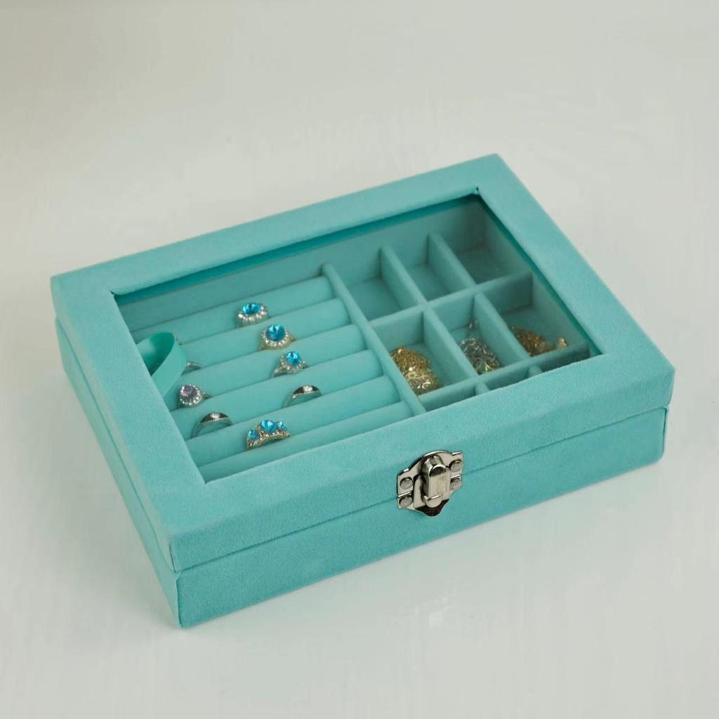 Elegant Flocked Jewelry Storage Box with Earring, Stud & Dangle Compartments - Dustproof, Portable & Transparent Ring Organizer