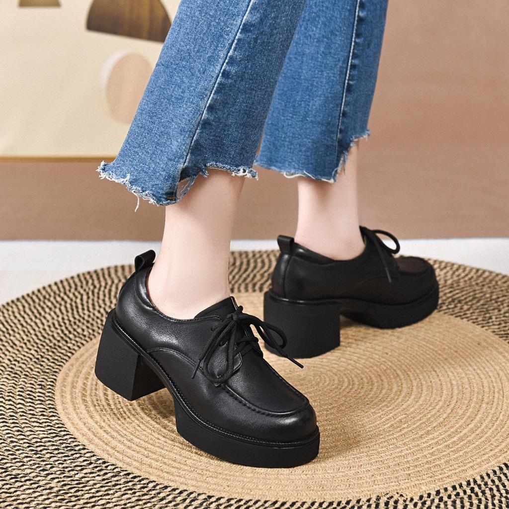 Platform shoes women's spring new first-layer cowhide round head low-top single shoes muffin casual shoes lace-up