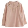 WoMan's Spring and Summer Cotton  Linen Tops Loose Retro Bottoming Shirt  Embroidered Flower Stand-up Collar Half-open Long-sleeved Shirt