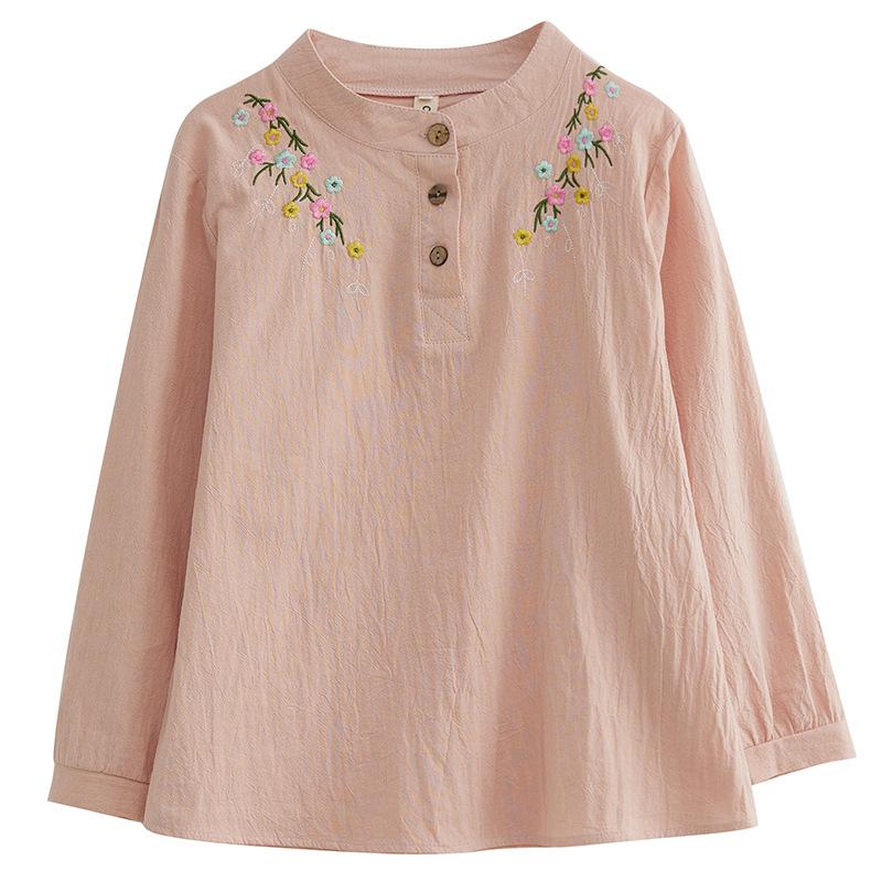 WoMan's Spring and Summer Cotton  Linen Tops Loose Retro Bottoming Shirt  Embroidered Flower Stand-up Collar Half-open Long-sleeved Shirt