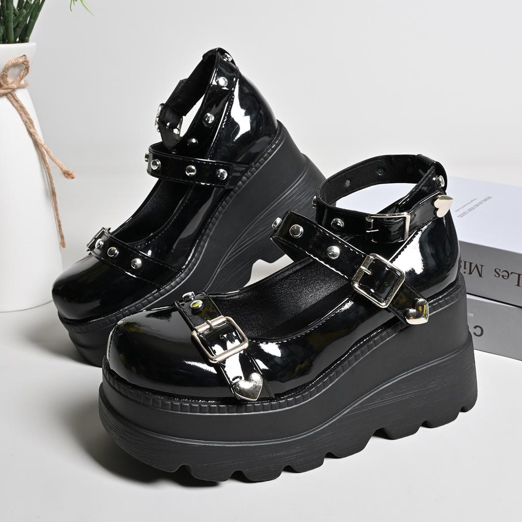 Fashion New Ladies Goth Platform Pumps Fashion Heart Buckle Rivet Punk Wedges High Heels Women's Pumps Party Street Shoes Woman Cosplay