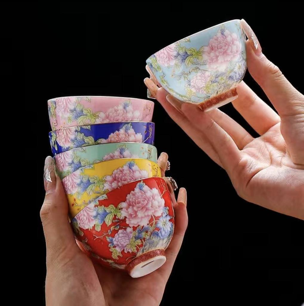 Palace-Style Peony Gongfu Enamel Ceramic Tea Cup Souvenir