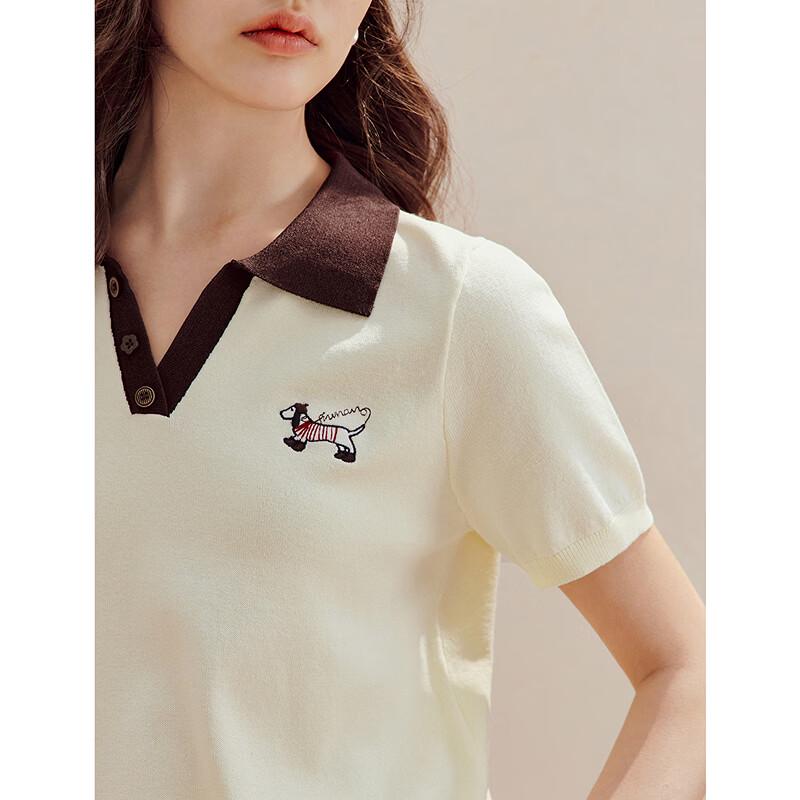 INMAN Women's Ice Silk Contrast Polo Knit Top