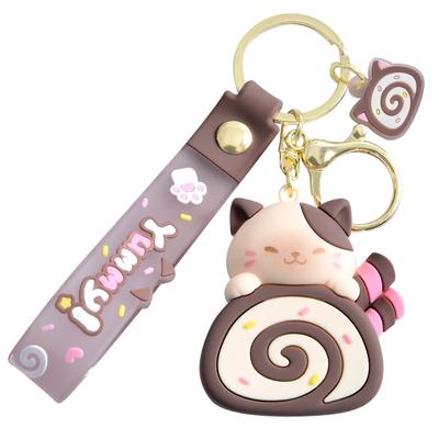 Portachiavi a forma di rotolo di torta con gatto carino, portachiavi a forma di gattino kawaii, portachiavi a forma di bambola con gatto, ciondolo per borsa da scuola, accessori