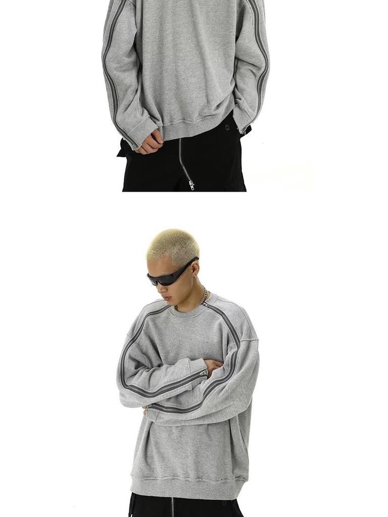 Męska Szara Bluza z Kapturem Heavyweight z Okrągłym Dekoltem, Dwukierunkowym Zamkiem Błyskawicznym, Łatkami i Obniżonymi Ramionami
