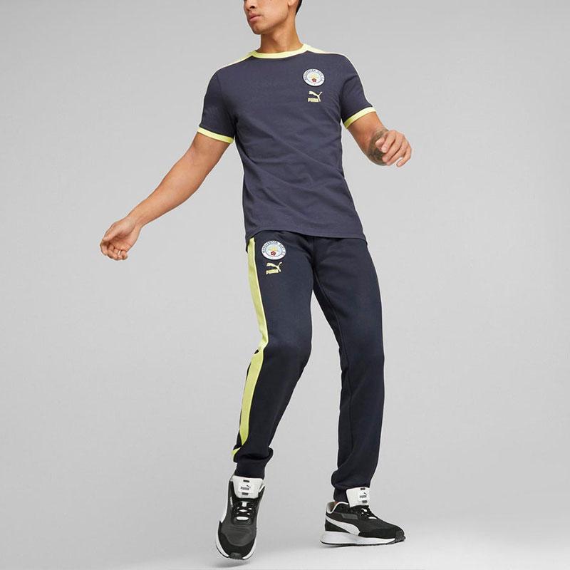 Puma 2022-23 Manchester City Color Block Embroidered Badge Crew Neck Short Sleeve Regular T-Shirt Men Tops Dark-Blue 769495-04