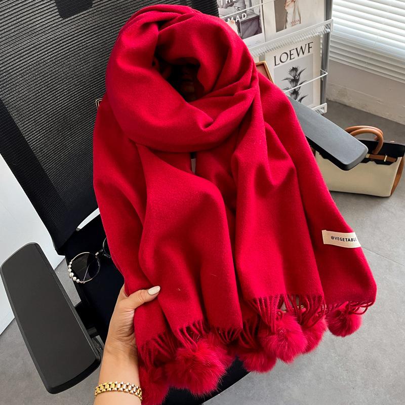 Solid Color Hairball Knitted Imitation Cashmere Scarf Female Winter Warm Student Cute Versatile Soft Girl Shawl