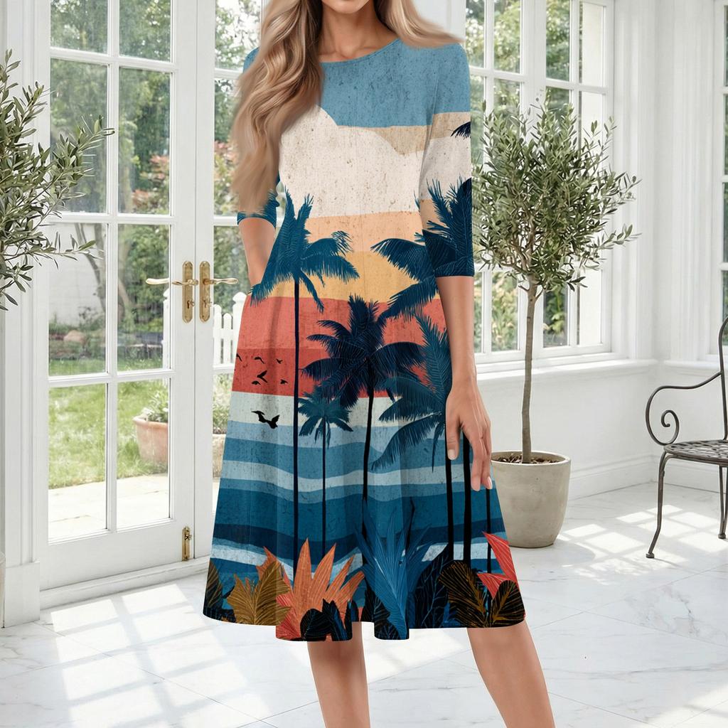 Women's Casual Mid-Length Dress with Round Neck Hawaiian Print Three-Quarter Sleeve Comfortable Fit Summer Dress for Daily Wear