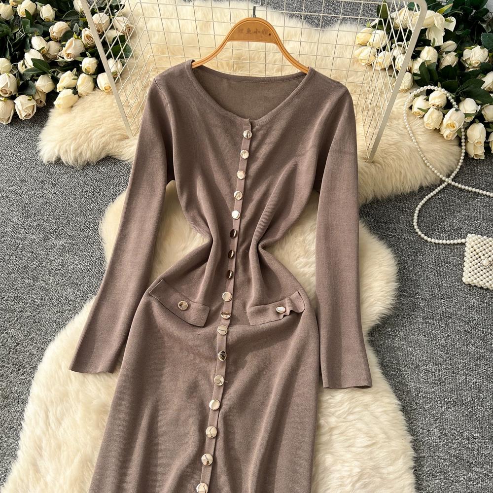Autumn Winter Women Casual O-neck Full Sleeve Knitted Sweater Long Midi Pullover Dresses