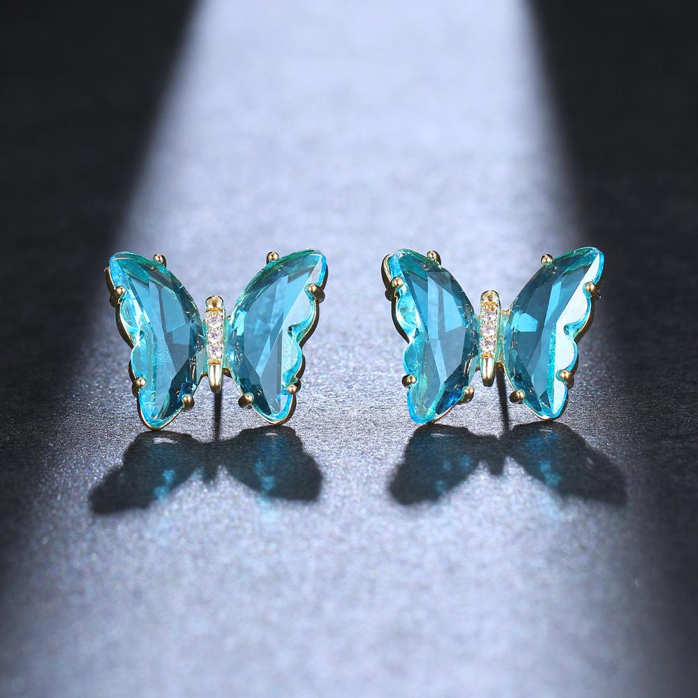 Crystal Glass Butterfly Stud Earring for Women Hole Green Transparent Animal Jewelry Christmas Girl Gift