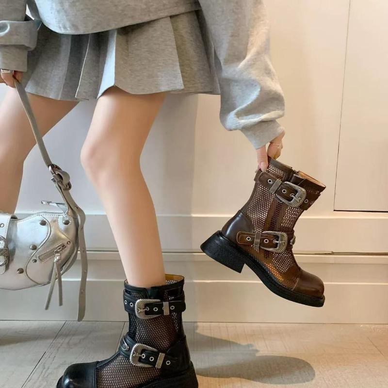 Women's Boots 2025 New Summer Cool Boots Breathable Hollow Out Mesh Boot Square Toe Side Zip Ankle Boots for Women Botas