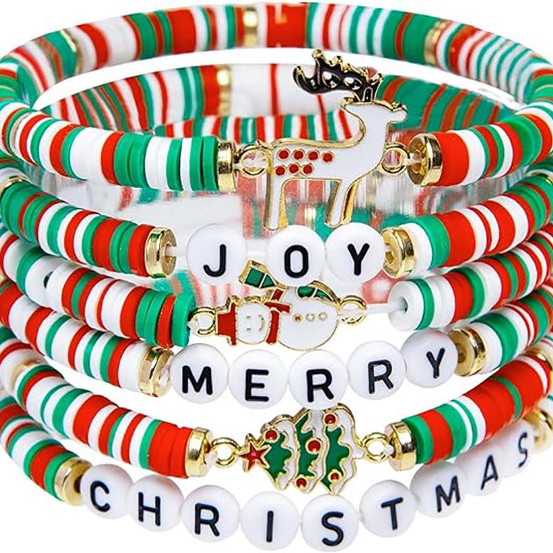 6-Piece Christmas Clay Bead Bracelet Set – Festive Red & Green Stackable Bangles with JOY/MERRY Charms, Xmas Party Gift for Women & Girls