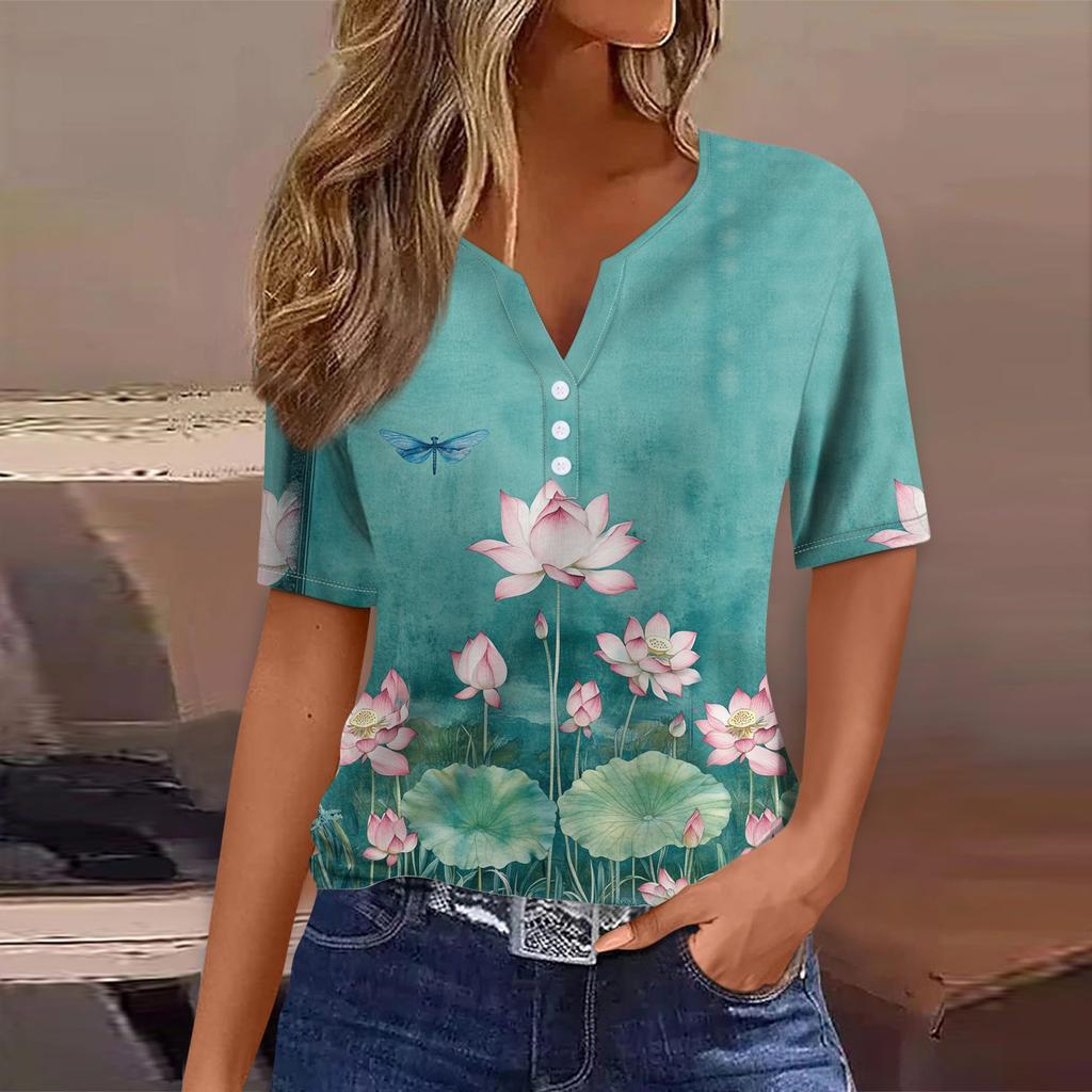 Tricou de damă Tricou imprimat cu buton cu mânecă scurtă, zilnic, la modă de weekend, de bază, cu decolteu în V, obișnuit