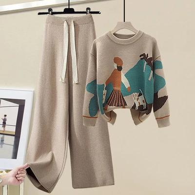 Großes Damen-Set für Herbst und Winter, Strickpullover, lockere und schlankmachende Freizeithosen, zweiteiliges Set für Damen