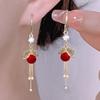 Exquisite 2025 French Fashion Red Tassel Earrings with Rhinestone-Leaf and Frosted Pearl Design for Women