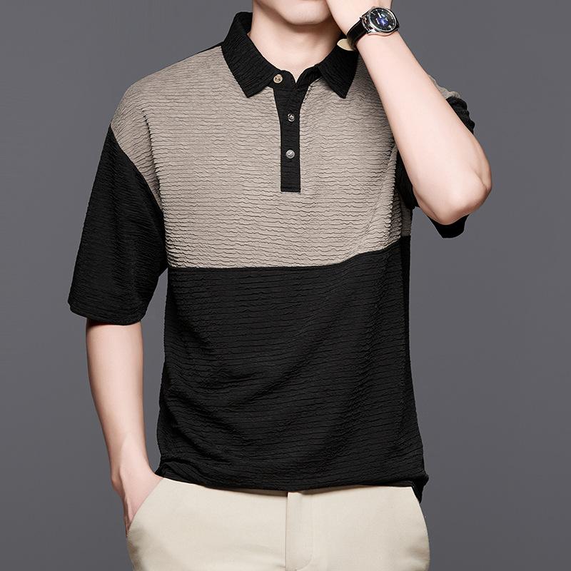 Classic Short-Sleeved T-Shirt Men'S High-End Breathable Non-Ironing Pullover Splicing Contrasting Color Lapel Half-Sleeved Polo Shirt