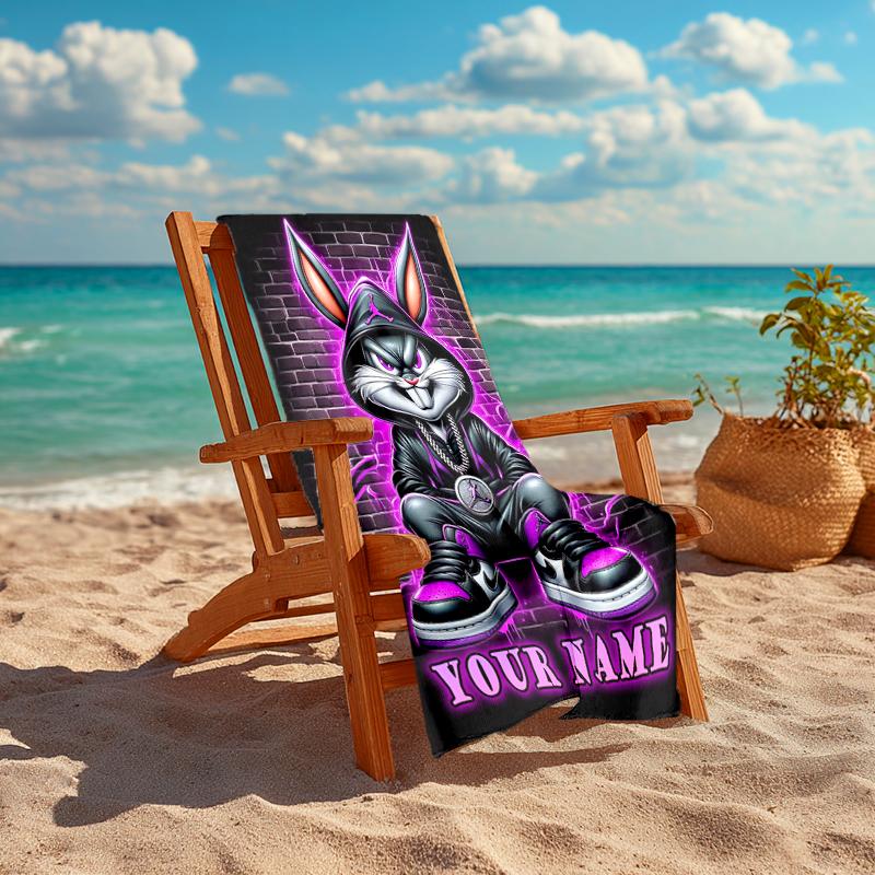 1PC Custom Name Rap Bunny Street Style Beach Towel Highly Absorbent And Sand-Resistant Towel for Swimming, Pool, Yoga, And Travel Lightweight