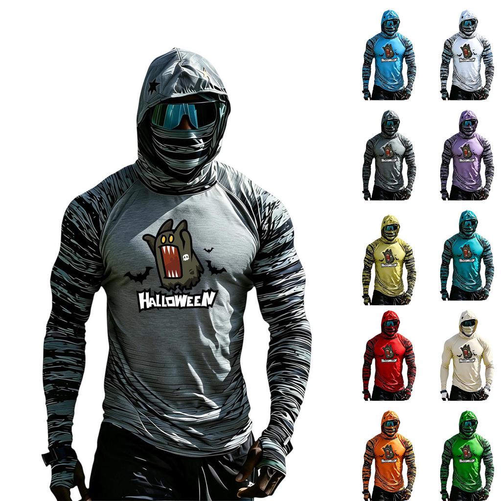 Men's Casual Hooded Long Sleeve Raglan Color-Block Sun Top with Halloween Print (Without Glasses)