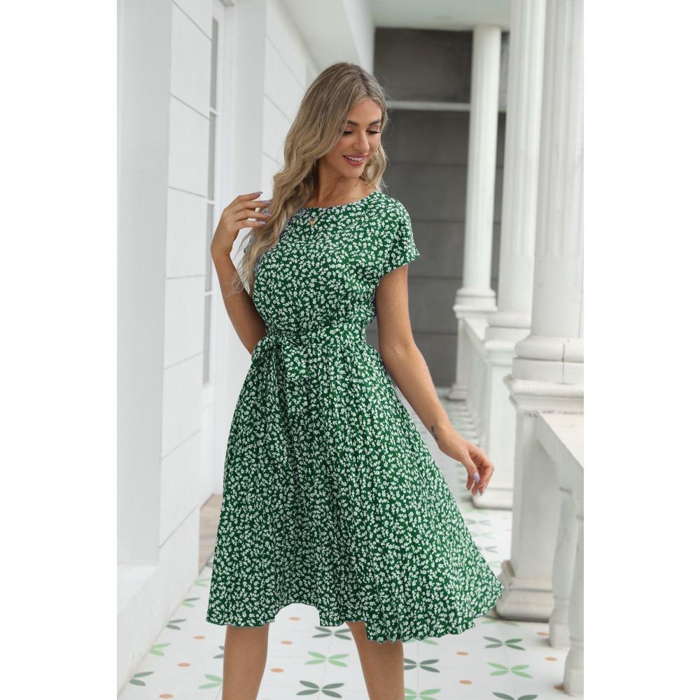 Women s Short Sleeve Floral Print Belted A-Line Midi Dress S