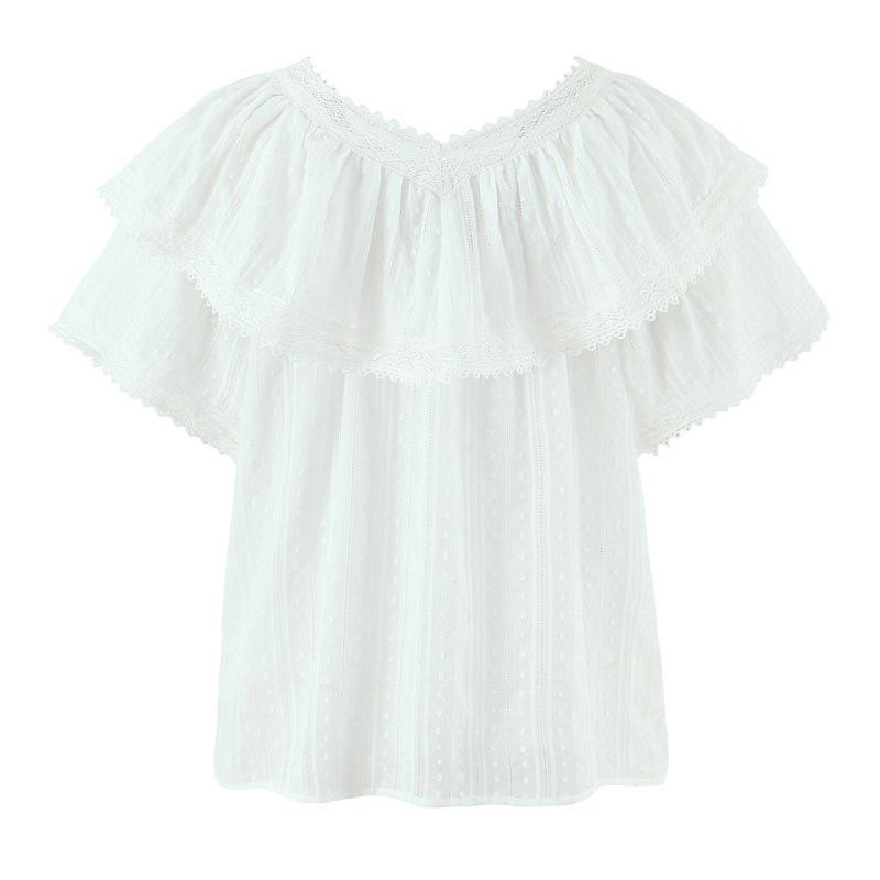 Timeless V-Neck Lace Trim French Ruffle Shirt – Sweet, Small, 2026 Style with Two Color Options, Short Sleeves
