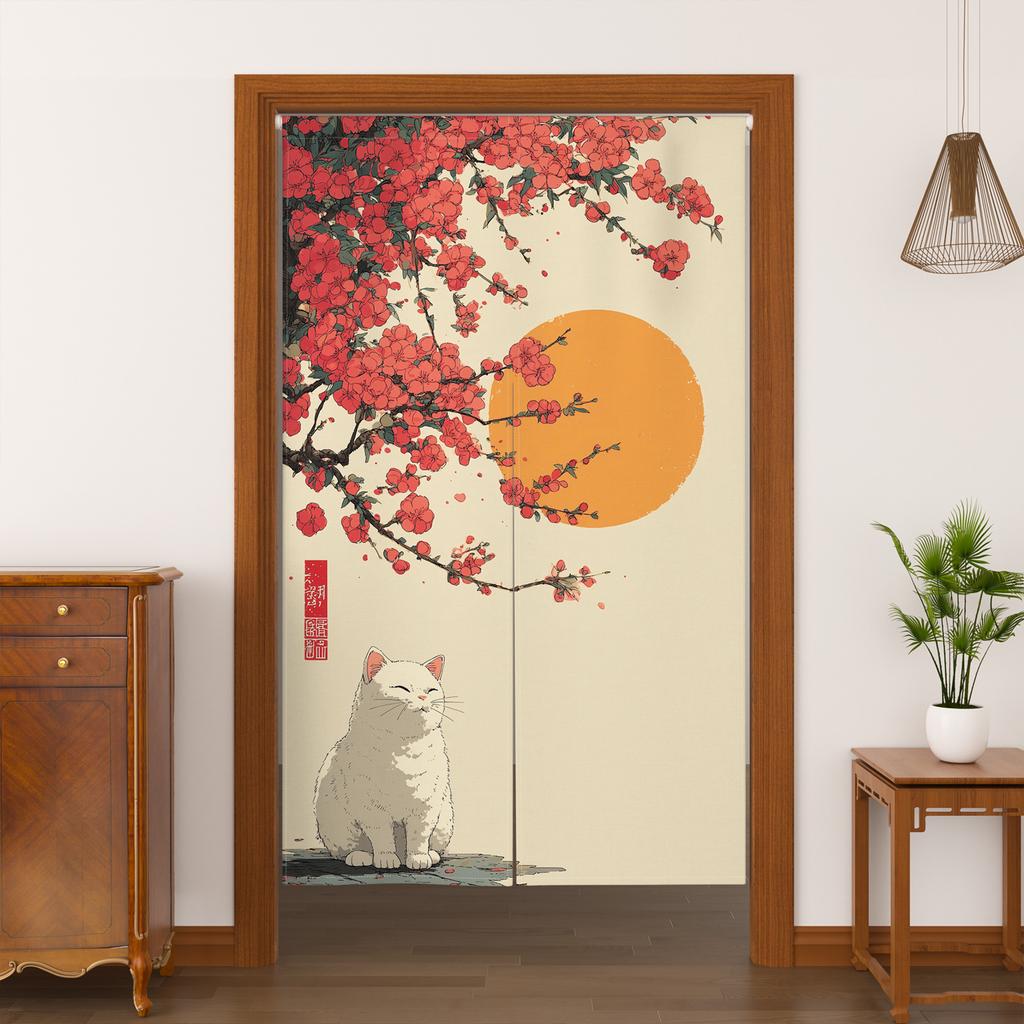 Japanese Style Noren Door Curtains Cute Cat Cherry Blossom Bird Patterns Polyester Doorway Kitchen Entrance Half Curtain For Cooking Area Made Of
