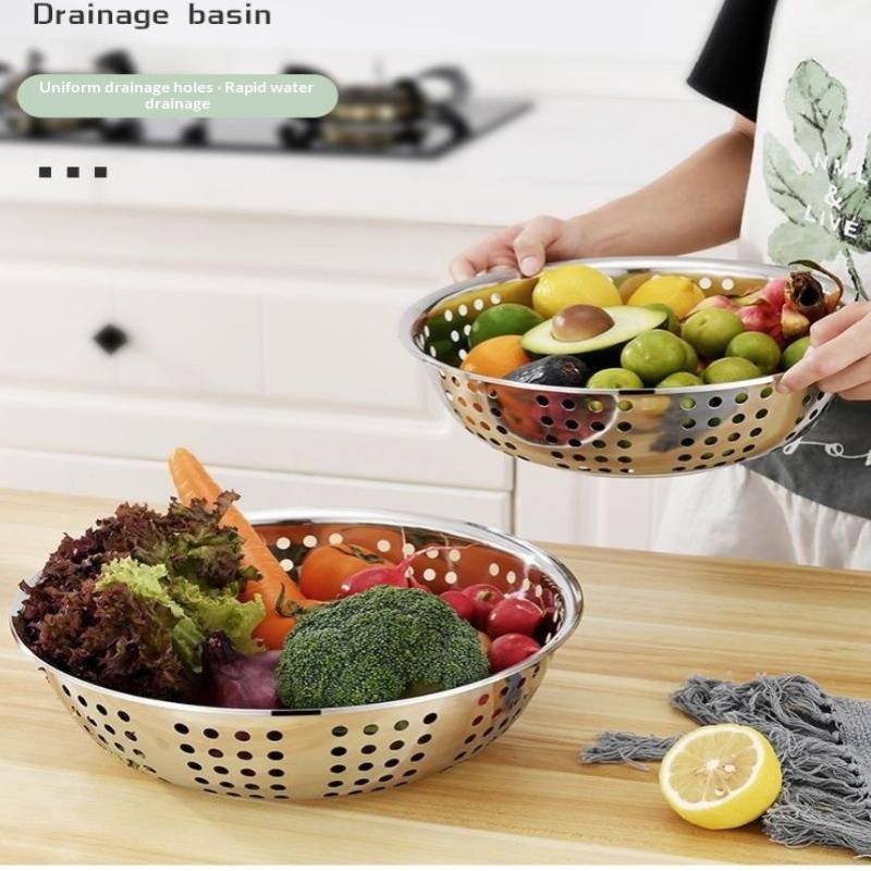 [JN] Rice Sieve Strainer Stainless Steel Colander Kitchen Helper Big Drainer Basin For Washing Vegetables Fruits Pasta Draining