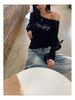 Chic Off-the-Shoulder Slim-Fit Black Long-Sleeve T-shirt for Women - Perfect for Early Autumn