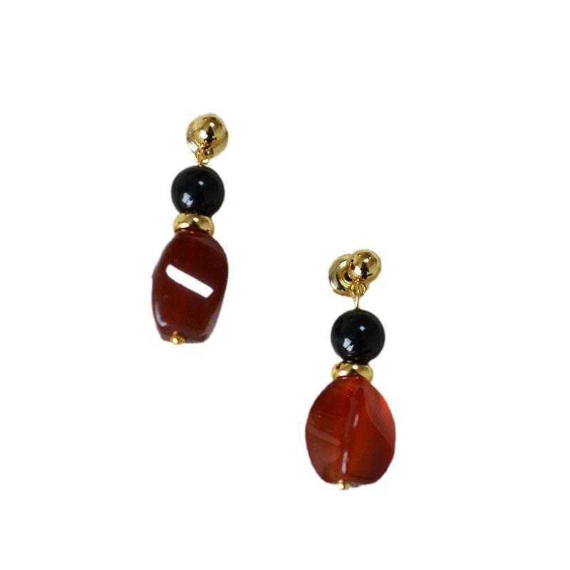 Retro Black & Red Agate Beaded Silver Stud Earrings