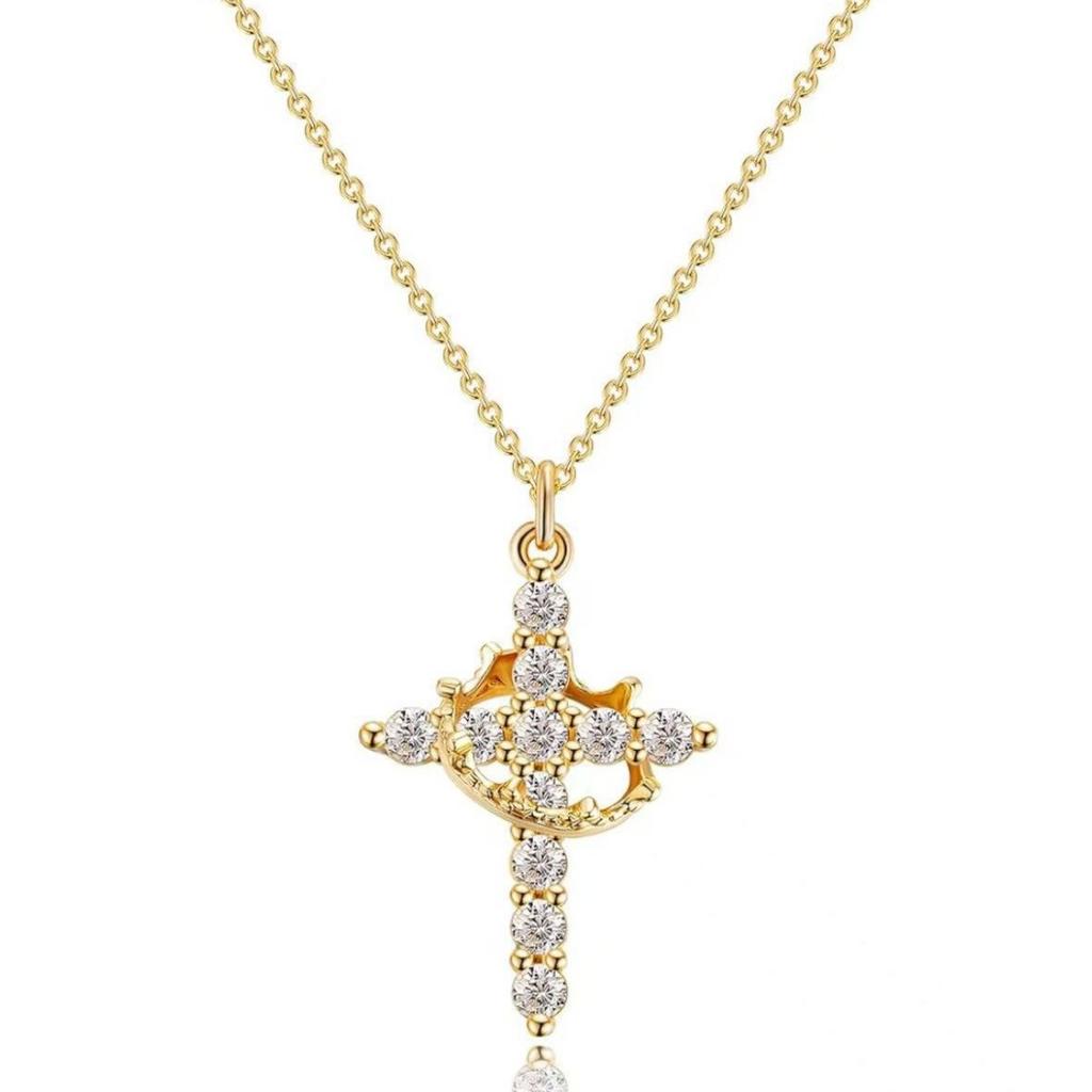 Crown Cross Pendant Necklace - Sparkling Zircon Pave Crucifix Clavicle Chain - Elegant Religious Jewelry for Women Daily Party Wear