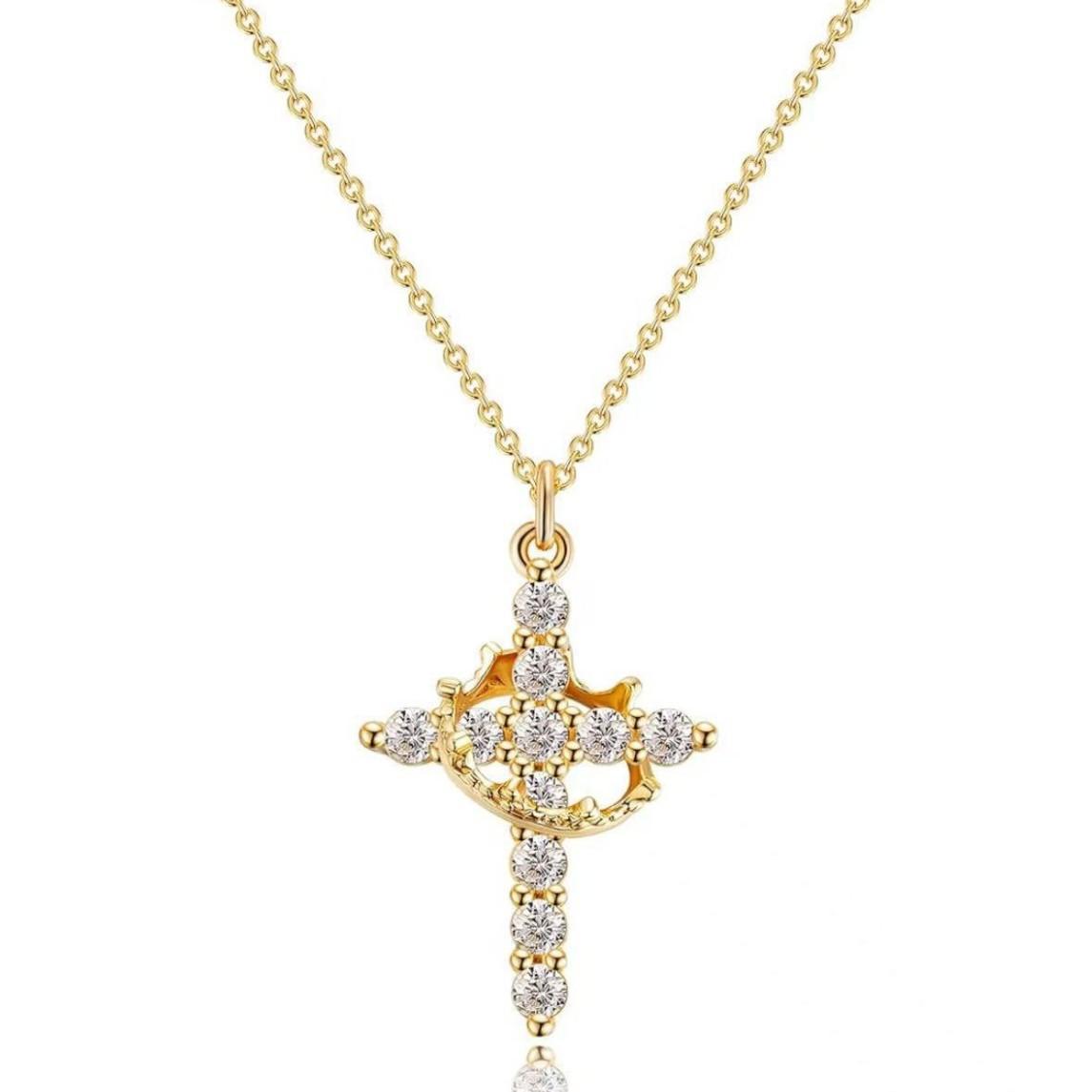 

Crown Cross Pendant Necklace - Sparkling Zircon Pave Crucifix Clavicle Chain - Elegant Religious Jewelry for Women Daily Party Wear золотой